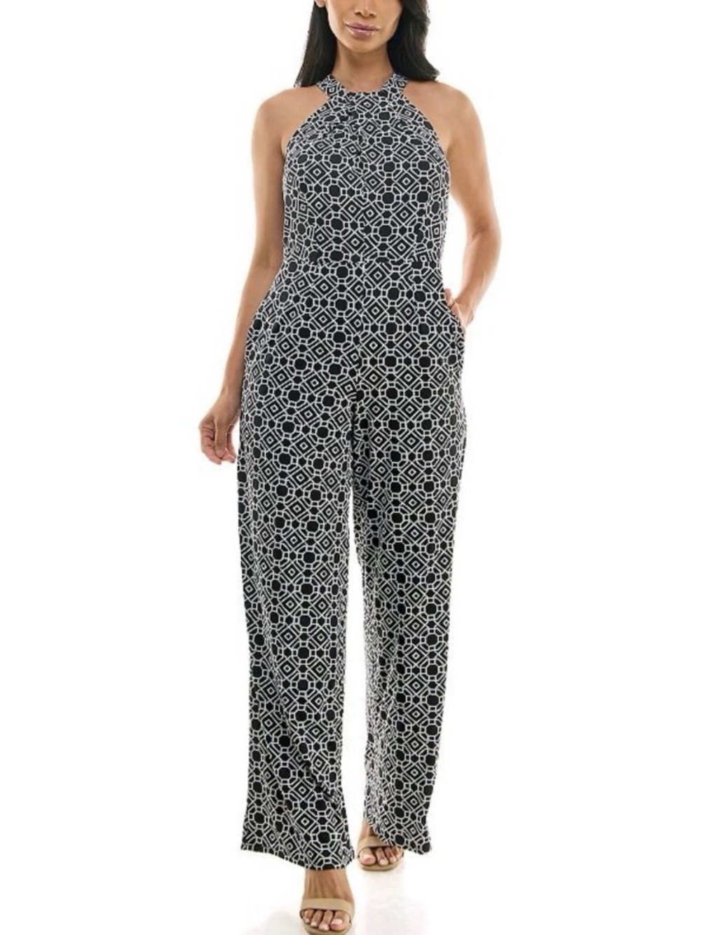 Nina Leonard Black and White Geometric Halter Jumpsuit